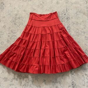 Vintage Y2K Tiered Cotton Midi Circle Skirt Red Orange Small Medium Boho Gypsy